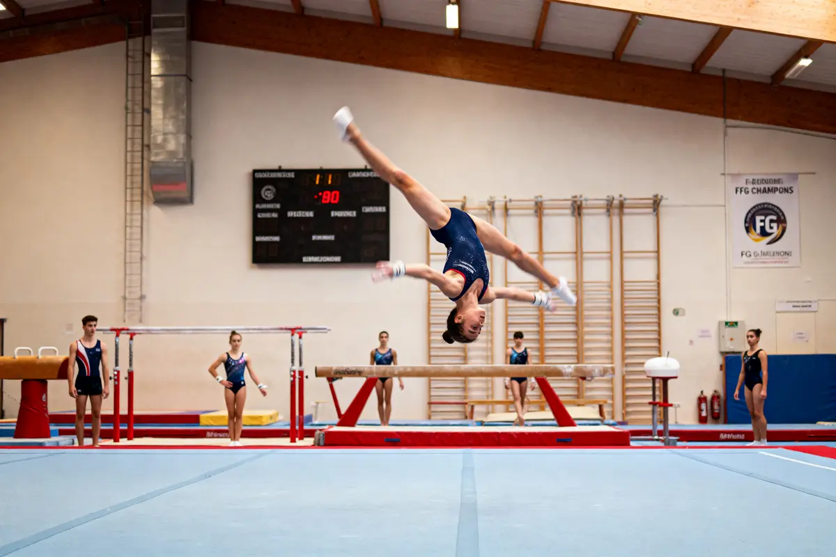 Gymnaste effectuant un saut périlleux avant, observée par d'autres athlètes en salle de gymnastique.