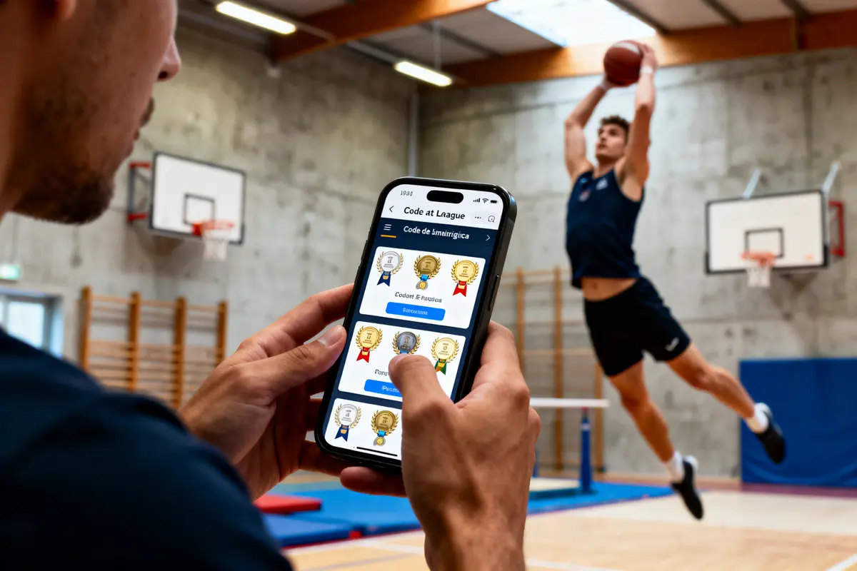 Homme tenant un smartphone avec application, regardant joueur de basketball sautant vers le panier en arrière-plan.