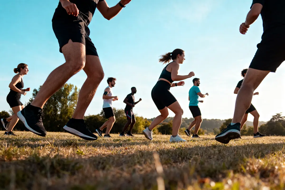 Groupe de personnes courant dans un parc ensoleillé, sur herbe, en tenue de sport.
