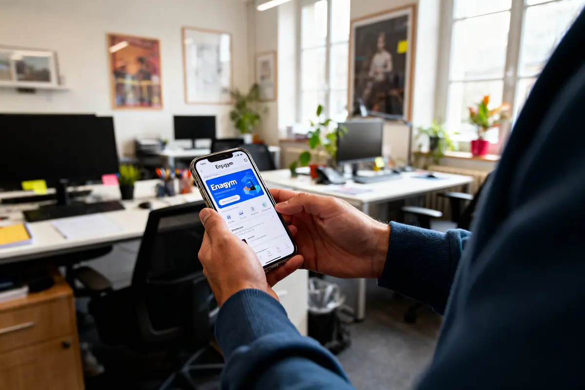 Personne utilisant un smartphone avec l'application Enagym, dans un bureau moderne avec plantes et ordinateurs.