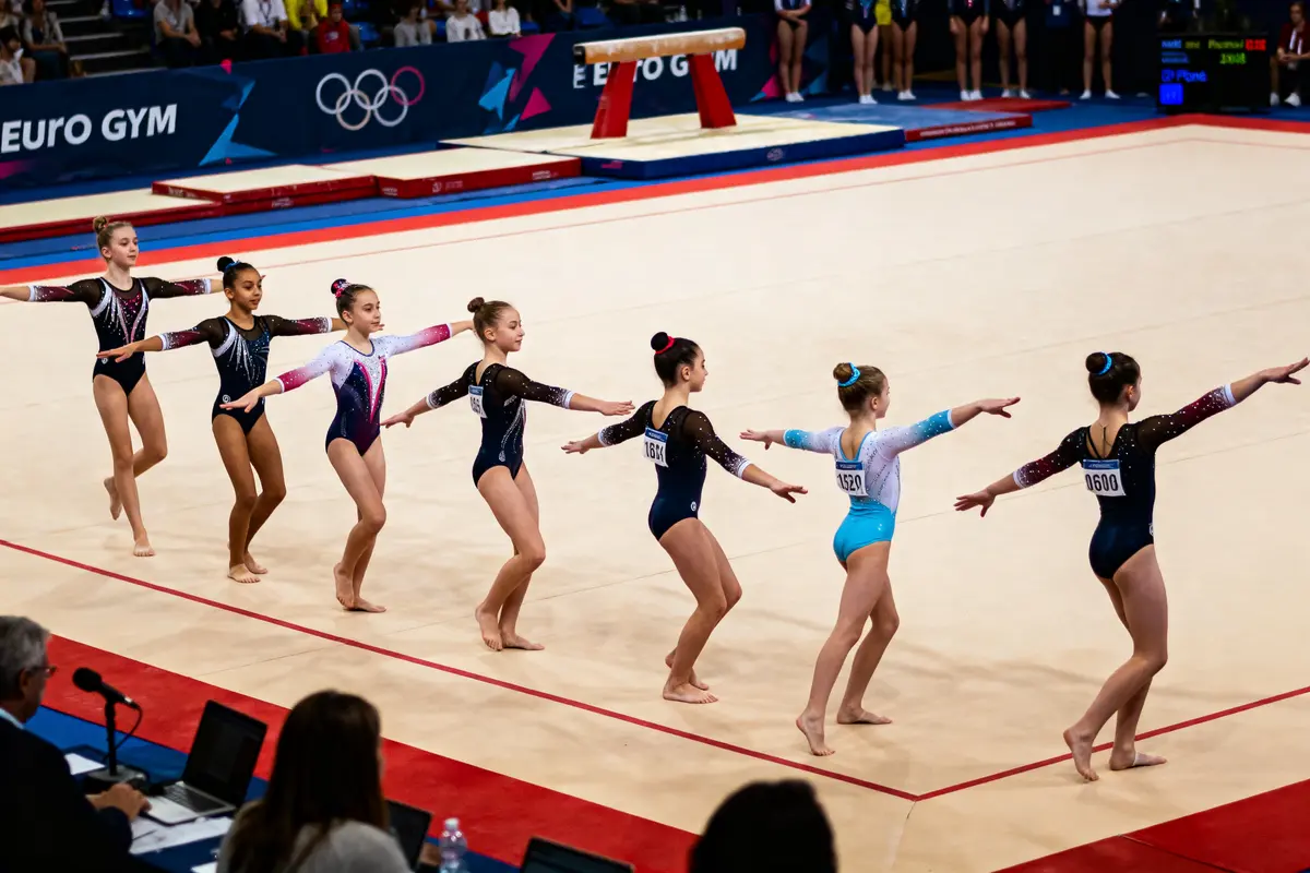 Jeunes gymnastes alignées lors d'une compétition, effectuant un mouvement synchronisé, sol de compétition en arrière-plan.