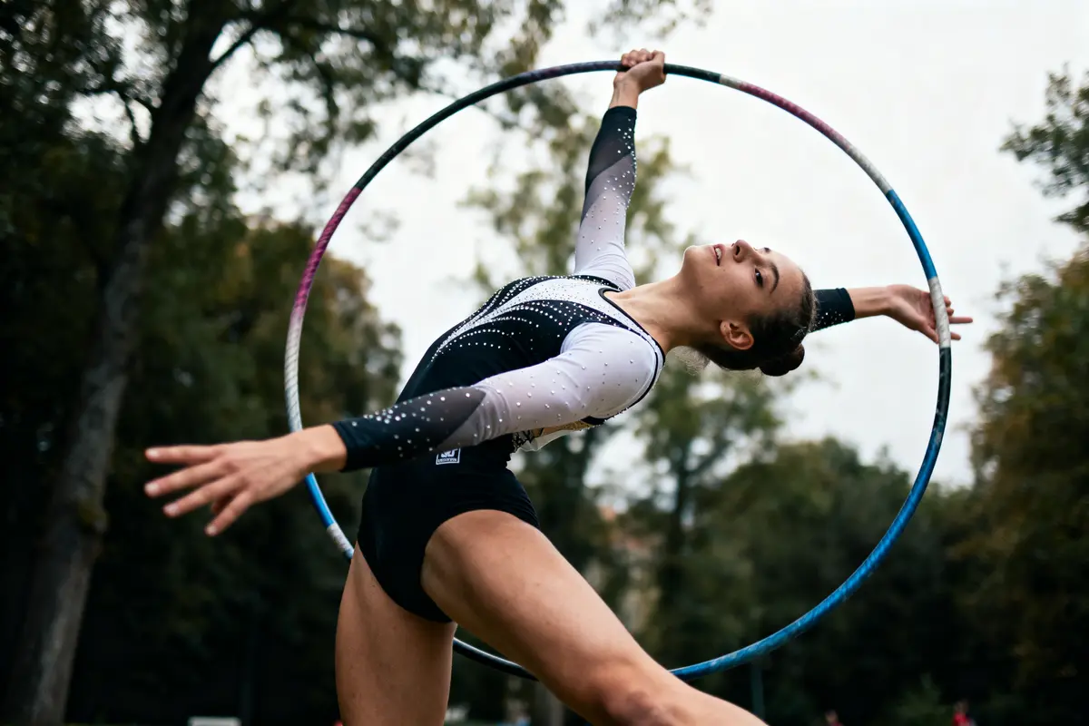 Gymnaste exécutant une pose avec un cerceau en extérieur, entourée de verdure.