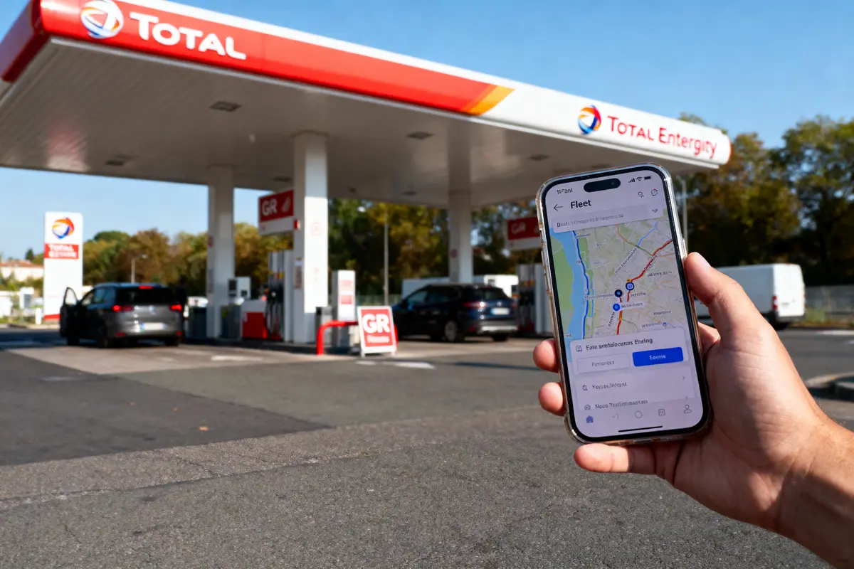 Main tenant un smartphone avec carte GPS devant une station-service TotalEnergies.