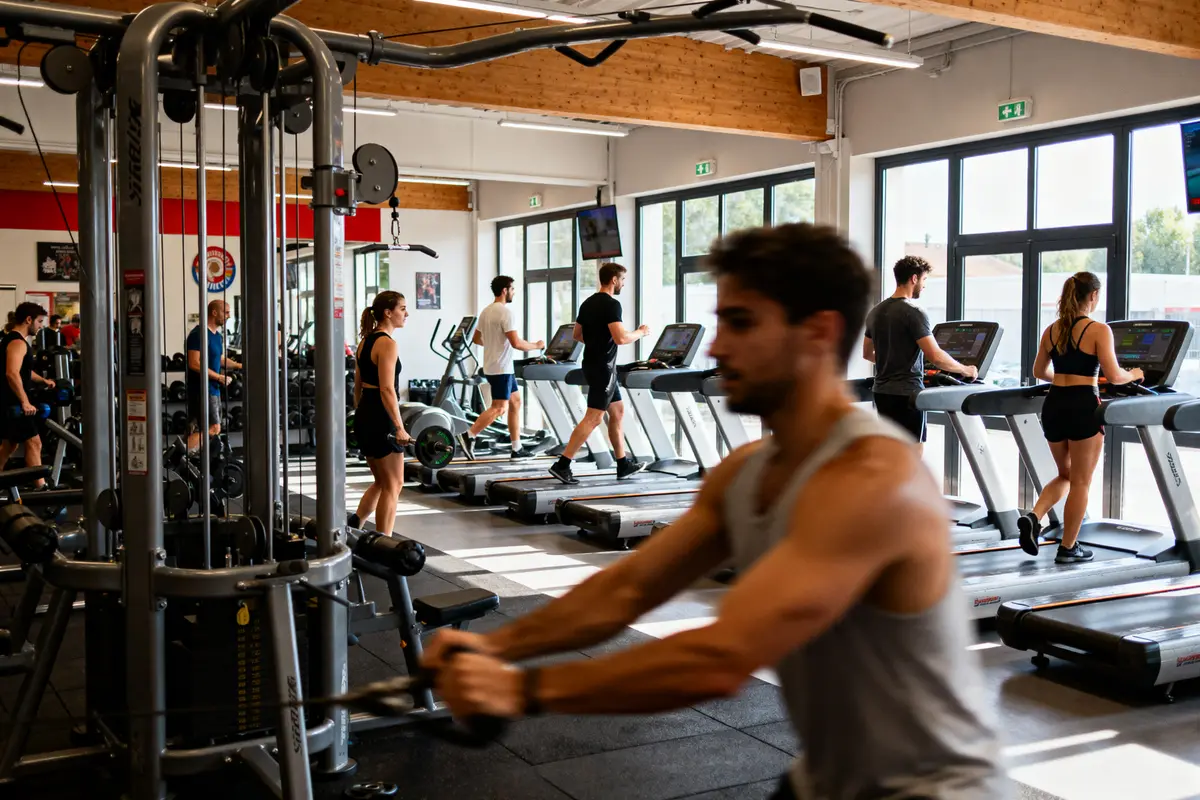 Salle de sport avec personnes sur tapis de course et utilisant des machines de musculation. Lumineux et spacieux.