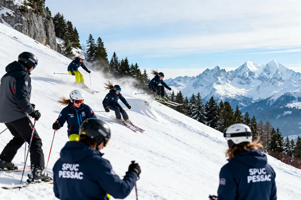 Des skieurs dévalent une pente enneigée devant un paysage montagneux et boisé, sous un ciel bleu.