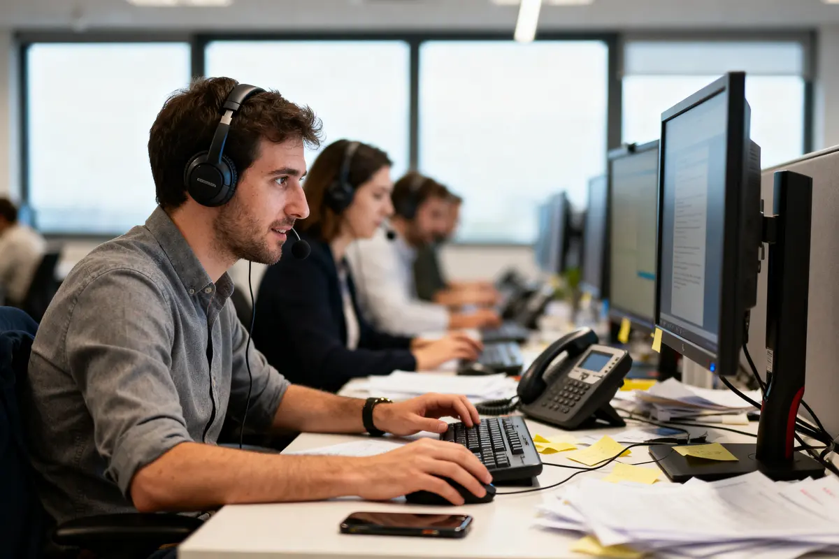 Personnes travaillant dans un bureau, portant des casques, utilisant des ordinateurs, téléphones sur les bureaux, ambiance professionnelle.