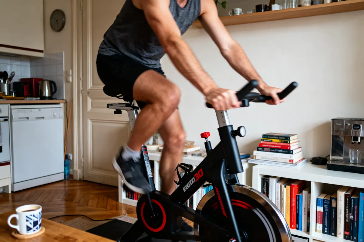 Un homme fait du vélo d'appartement dans un salon avec livres et cafetière en arrière-plan.