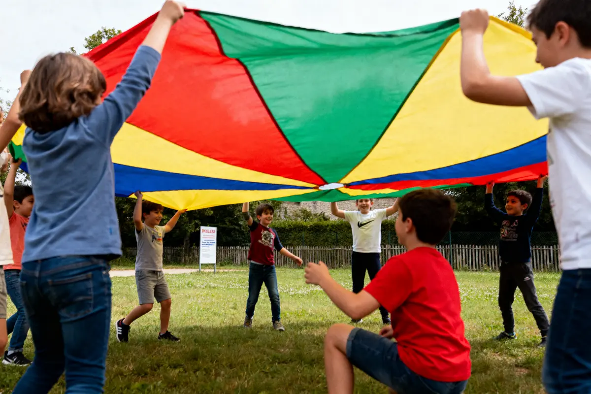 Des enfants jouent joyeusement avec une grande toile colorée dans un parc verdoyant.