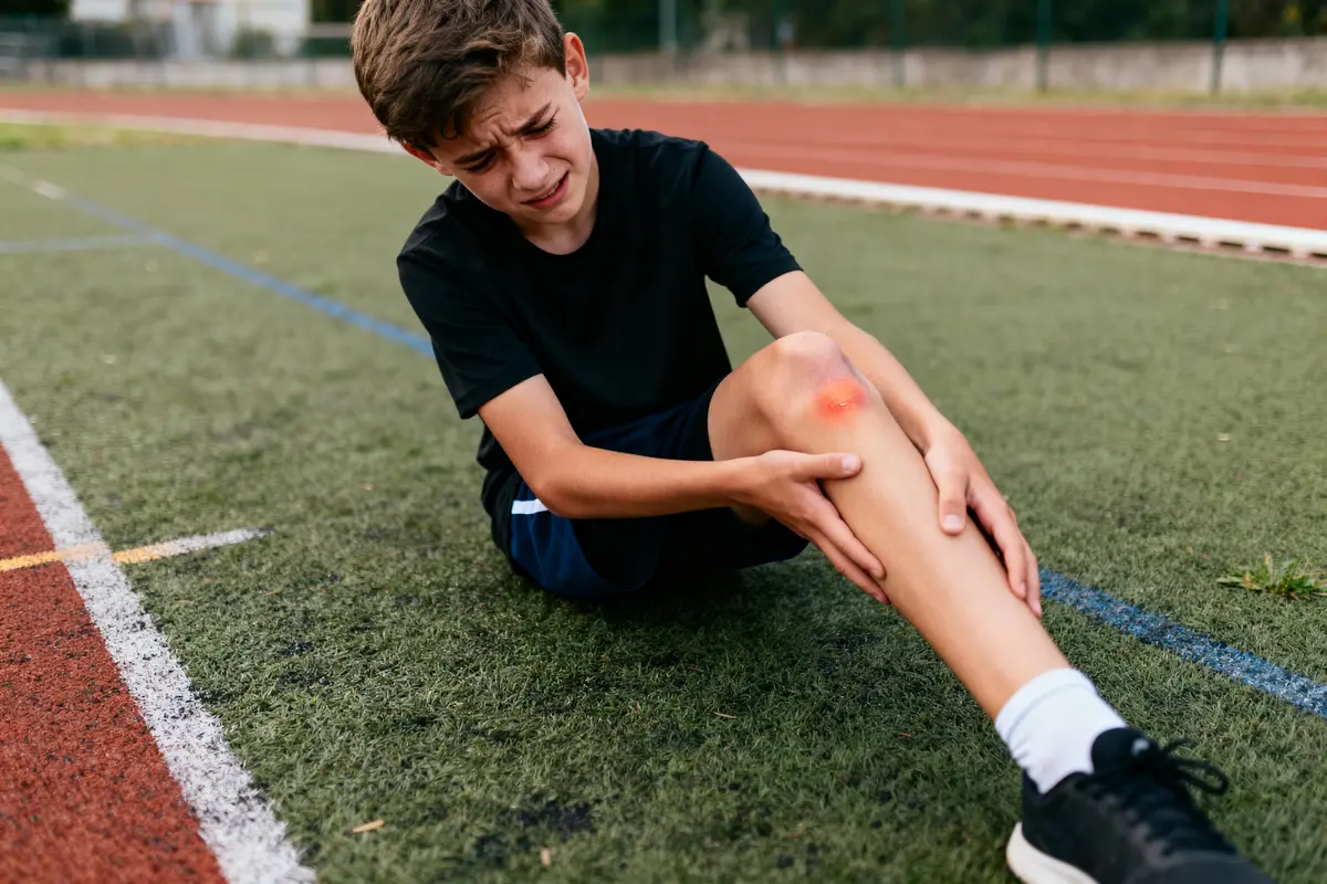 Un garçon assis sur une piste, souffrant d'une blessure au genou droit rougeâtre.
