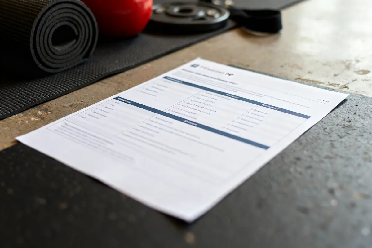 Papier d'exercices sur sol de gym avec tapis, haltères et kettlebell.