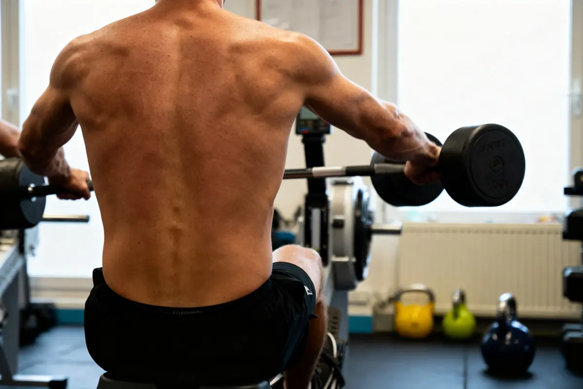 Dorsal musclé, homme entraînant avec haltères à la salle de sport, kettlebells en arrière-plan.
